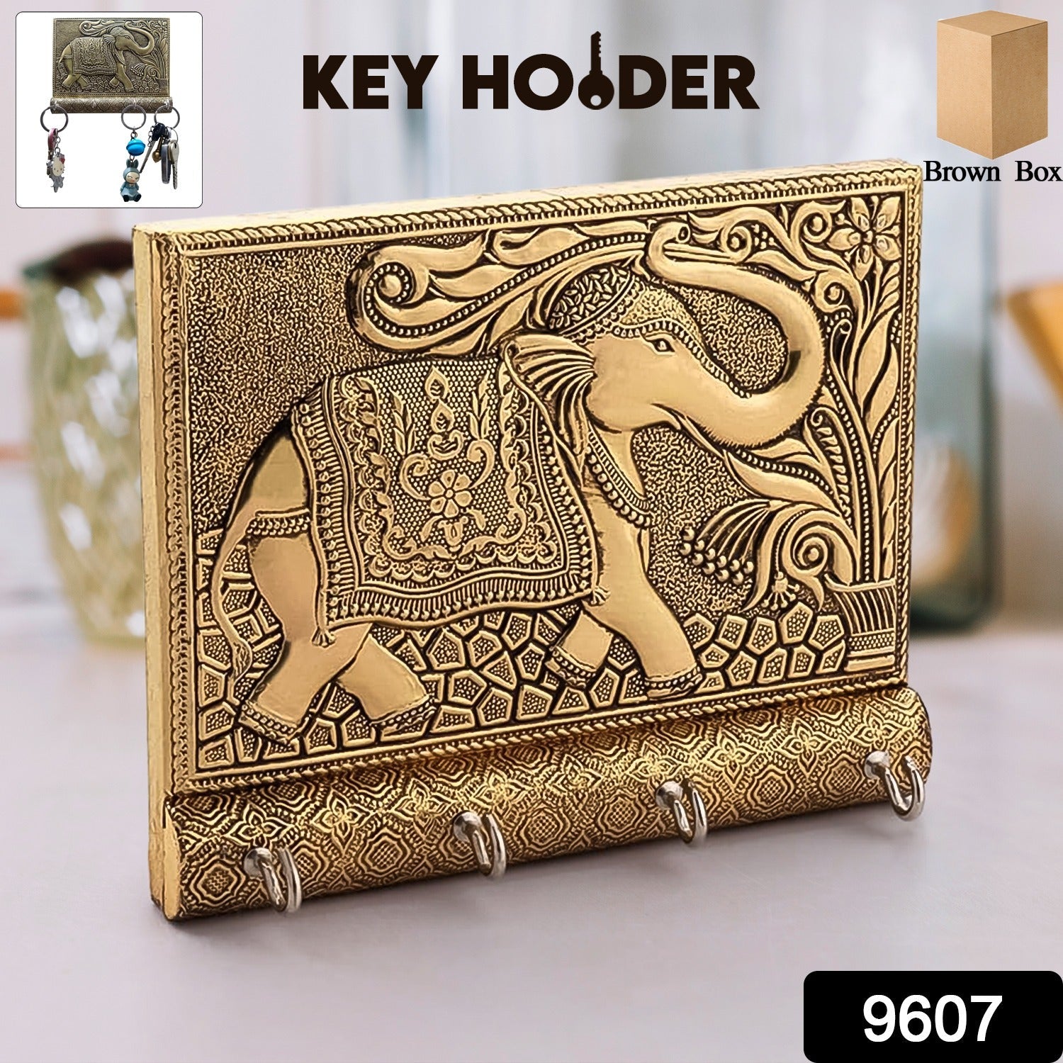 Wooden Key Holder For Home Decor Stylish Metal Gold Antique Elephant Design (1 Pc) Wooden Key Holder For Home Decor Stylish Metal Gold Antique Elephant Design (1 Pc)